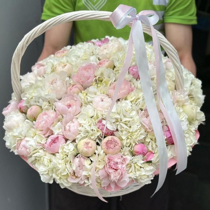 Премиум корзина гортензий и пионов в Владимире